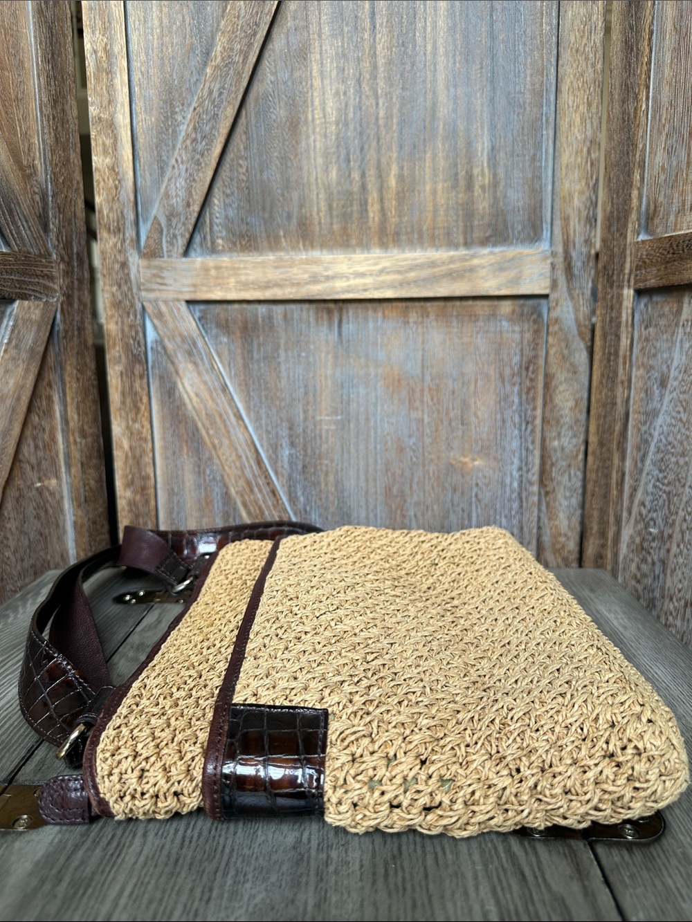Brighton Woven Straw & Faux Crocodile Leather Crossbody Bag Purse - Picture 5 of 15